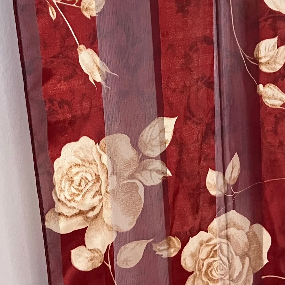 Vintage Sheer Floral Scarf Burgundy Rose Silky Striped Made in Korea 90s